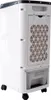 The back of a white portable air cooler with black accents and caster wheels. Produktbild-Vorschau
