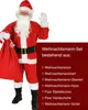 A person dressed as Santa Claus holding a sack, with a list of items included in a Santa Claus costume set. Produktbild-Vorschau