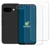 A black smartphone case and two clear screen protectors are displayed against a white background. Produktbild-Vorschau