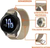 A smartwatch with a champagne-colored Milanese loop band, with callouts highlighting its features. Produktbild-Vorschau