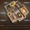 A 3D floor plan of an apartment with labels indicating room names, sizes, and estimated cleaning times. Produktbild-Vorschau