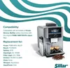 A coffee machine with two cups of coffee and coffee beans, next to text describing product compatibility and replacement information. Náhled obrázku produktu