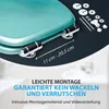 Close-up of a turquoise toilet seat with chrome hinges, showing installation accessories and text highlighting easy assembly. Náhled obrázku produktu