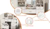 A collage of images showcasing a white vanity table with drawers, a mirror with LED lights, and a stool. Different angles and close-ups highlight features like the drawers and mirror. Podgląd zdjęcia produktu