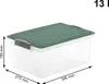 A clear, well-lit studio shot of a transparent storage box with a green lid and gray latches, showing its dimensions. Anteprima dell’immagine prodotto