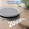 A white and gray robot vacuum cleaner is shown on a wooden floor, with scattered debris and large white numbers indicating suction power. Produktbild-Vorschau