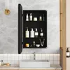 A black medicine cabinet with an open door, displaying various toiletries and bathroom products, mounted on a marble-patterned wall above a sink. Produktbild-Vorschau