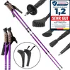 A collage of images showing purple Nordic walking poles, their accessories, and a product review badge. Produktbild-Vorschau