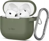A pair of white earbuds in an open olive green charging case, with a silver carabiner attached to the side. Produktbild-Vorschau
