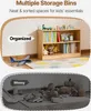 A split image showing an organized bookshelf on top and a messy floor with toys on the bottom, illustrating the product's purpose. Podgląd zdjęcia produktu