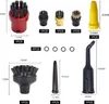 A collage of various cleaning brush attachments and nozzles for a steam cleaner, with dimensions and quantities labeled. Produktbild-Vorschau