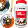 A collage showing a bottle of Wurth anti-corrosion coating, a brush, and rusted brake discs being treated. Produktbild-Vorschau