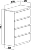 A technical drawing of a white chest of drawers with dimensions indicated. Produktbild-Vorschau