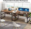A large, rustic-style double desk with shelves, set up in a bright room with a large window and two chairs. Náhled obrázku produktu