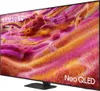 A side view of a Samsung Neo QLED TV on a stand, displaying a colorful abstract image. Produktbild-Vorschau