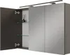 A modern bathroom medicine cabinet with mirrored doors and an integrated light. Produktbild-Vorschau