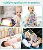 Collage of four images showing babies interacting with a baby toy in different scenarios: playing on the floor, in a crib, and in a stroller. Produktbild-Vorschau