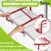 Hands are shown adjusting a red retractable ladder hook over a surface, with inset diagrams illustrating its extension mechanism. Voir les images du produit