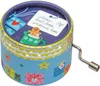 A cylindrical music box with a crank, decorated with Christmas gift motifs and a gingerbread man in a mug. Produktbild-Vorschau
