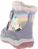 A close-up, rear-side view of a child's winter boot with a unicorn and rainbow design. Produktbild-Vorschau
