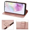 A collage showing a rose gold flip phone case for a Samsung Galaxy A35, with close-ups of the closure and embossed floral pattern. Produktbild-Vorschau