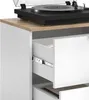 A close-up view of a white dresser with a wooden top, featuring an open drawer and a turntable on top. Náhled obrázku produktu