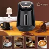 A Turkish coffee maker is shown on a wooden table, surrounded by coffee beans, a cup of coffee, and a candle. The image also includes smaller inset images of different coffee preparations. Produktbild-Vorschau