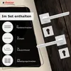 A set of white door handles with square rosettes and a diagram showing the included hardware on a dark background. Produktbild-Vorschau