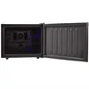 An open black mini-fridge with a shelf and a fan visible inside. Produktbild-Vorschau