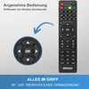 A remote control is shown with a close-up inset of its directional pad, along with marketing text. Produktbild-Vorschau