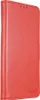 A red leather flip case for a smartphone, shown closed and standing upright. Produktbild-Vorschau