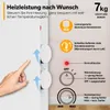 A marketing image showing a hand interacting with a white heater, with various feature callouts and diagrams. Produktbild-Vorschau
