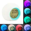 A collage of a digital alarm clock in various colors, with a close-up of the clock face. Produktbild-Vorschau