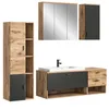 A set of bathroom furniture, including a tall cabinet, a vanity with a sink and faucet, and a medicine cabinet with mirrors. Produktbild-Vorschau