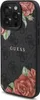 A close-up, angled view of a black iPhone case with a floral print and the Guess logo. Náhled obrázku produktu