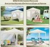 A collage of four images showcasing a beige outdoor pavilion in different settings: by a lake, in a garden with a family picnicking, on a patio, and on a beach. Produktbild-Vorschau