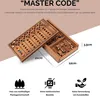 A wooden Master Code game box with its lid open, revealing the game board and pieces. Dimensions are indicated with lines and numbers. Náhľad obrázku produktu