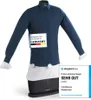 A dark blue shirt is displayed on a garment steamer, with a 'Made in Germany' label on the chest and a review badge on the right. Produktbild-Vorschau