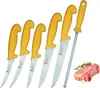 A set of six knives with yellow handles and a sharpening steel, along with a piece of raw meat and a sprig of rosemary. Produktbild-Vorschau