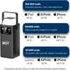 A black power bank with a handle and a digital display, shown next to marketing text detailing its charging capacity for various Apple devices. Produktbild-Vorschau