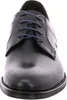 A close-up, front-facing view of a black leather business shoe with blue laces. Anteprima dell’immagine prodotto
