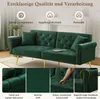 A green velvet sofa is shown with marketing text and icons highlighting its features. Anteprima dell’immagine prodotto