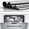 The top part of the image shows a stack of stainless steel pipes, and the bottom part shows an open dishwasher filled with dishes. Text overlays describe the material and dishwasher safety. Produktbild-Vorschau