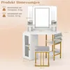 A diagram showing the dimensions and load capacities of a white corner vanity table with a tri-fold mirror and a stool. Produktbild-Vorschau