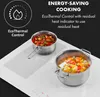 A cooking appliance with pots of food on it, with text overlay about energy-saving features. Podgląd zdjęcia produktu