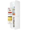 A white refrigerator with its doors open, displaying its interior compartments. Two award badges are overlaid on the left side of the image. Produktbild-Vorschau