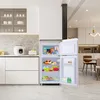 A refrigerator with its doors open, stocked with food items, in a modern kitchen setting. Produktbild-Vorschau