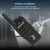 A person holding a walkie-talkie with digital code in the background. Produktbild-Vorschau