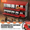 A red and silver chicken coop with multiple nesting boxes, featuring diagrams and text highlighting its features and capacity. Náhled obrázku produktu