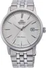 A close-up studio shot of a silver Orient Bambino automatic watch with a white dial, presented on a white background. Voir les images du produit